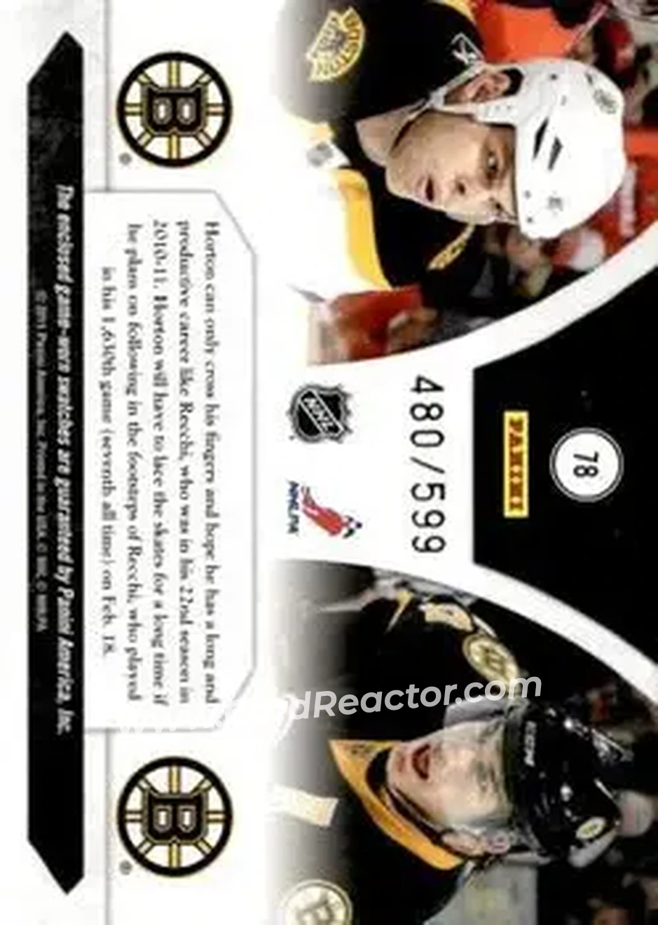 2010-11 Panini Luxury Suite #78 - Mark Recchi - Nathan Horton MEM, SN599 - Boston Bruins - Boston Bruins - Back