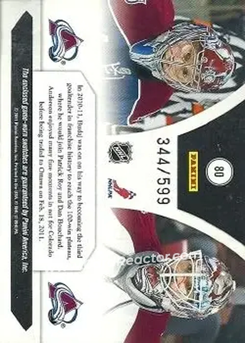 2010-11 Panini Luxury Suite #80 - Peter Budaj - Craig Anderson MEM, SN599 - Colorado Avalanche - Colorado Avalanche - Back