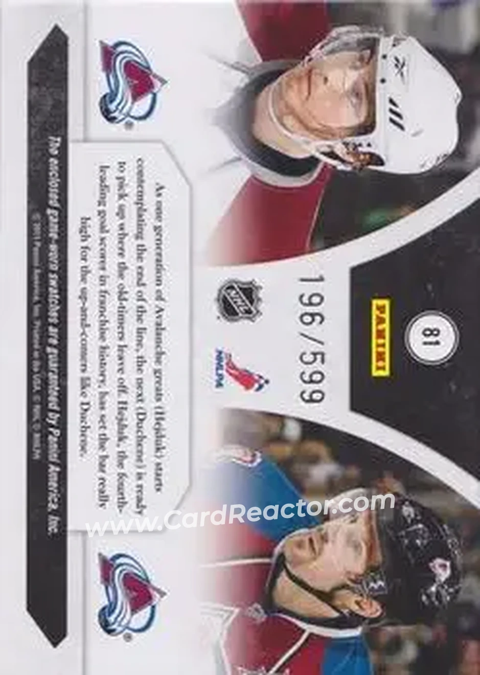 2010-11 Panini Luxury Suite #81 - Milan Hejduk - Matt Duchene MEM, SN599 - Colorado Avalanche - Colorado Avalanche - Back
