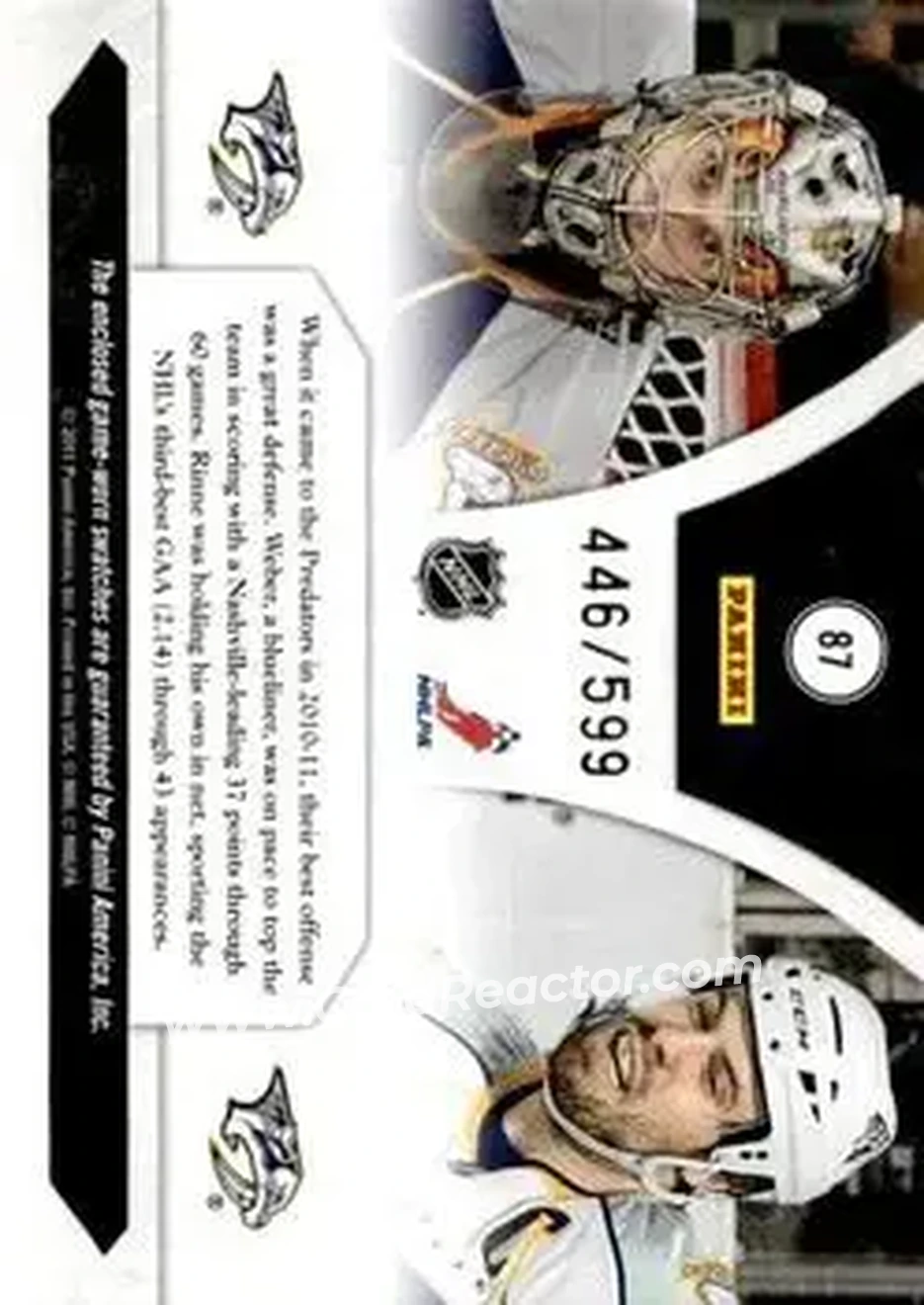2010-11 Panini Luxury Suite #87 - Shea Weber - Pekka Rinne MEM, SN599 - Nashville Predators - Nashville Predators - Back