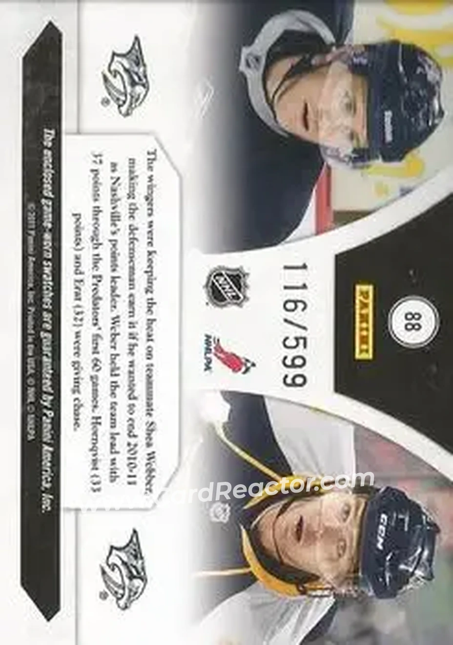 2010-11 Panini Luxury Suite #88 - Patric Hornqvist - Martin Erat MEM, SN599 - Nashville Predators - Nashville Predators - Back