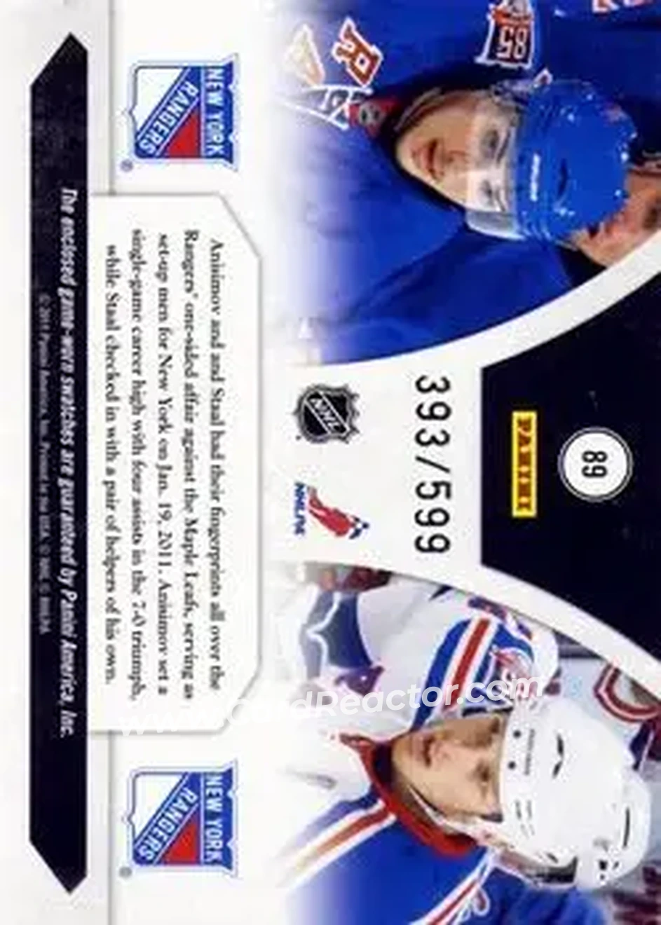 2010-11 Panini Luxury Suite #89 - Marc Staal - Artem Anisimov MEM, SN599 - New York Rangers - New York Rangers - Back