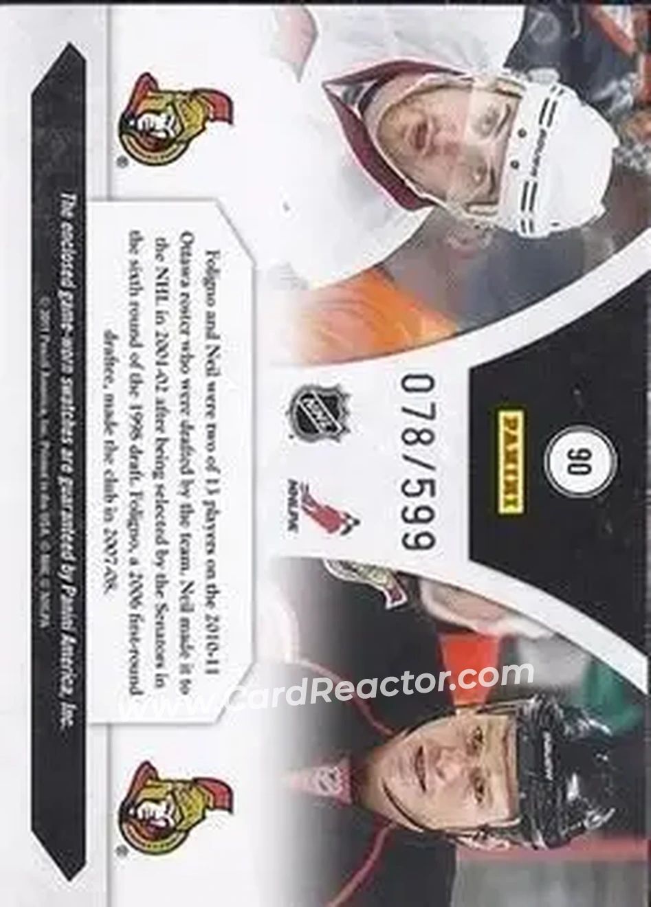 2010-11 Panini Luxury Suite #90 - Nick Foligno - Chris Neil MEM, SN599 - Ottawa Senators - Ottawa Senators - Back