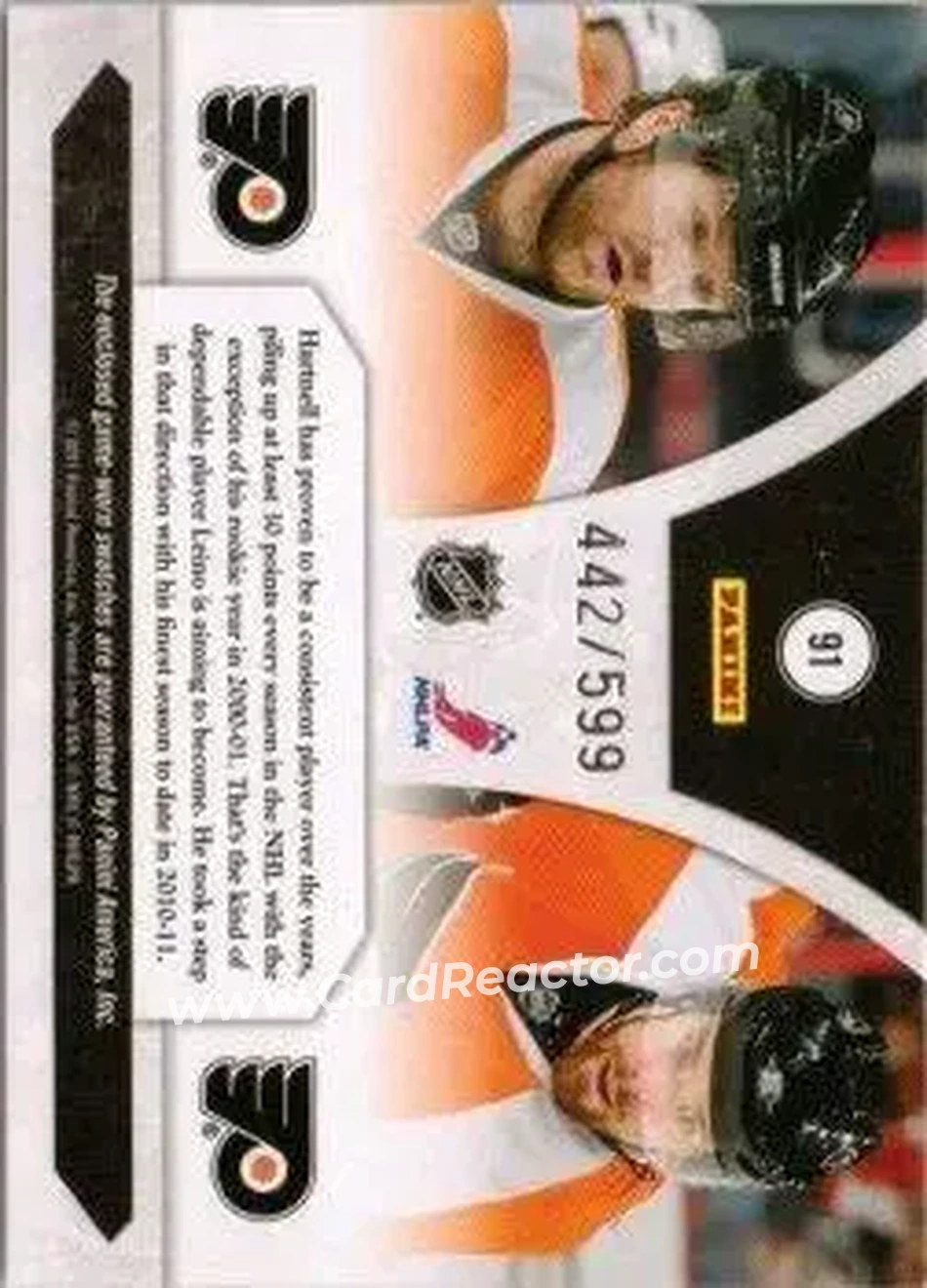 2010-11 Panini Luxury Suite #91 - Scott Hartnell - Ville Leino MEM, SN599 - Philadelphia Flyers - Philadelphia Flyers - Back