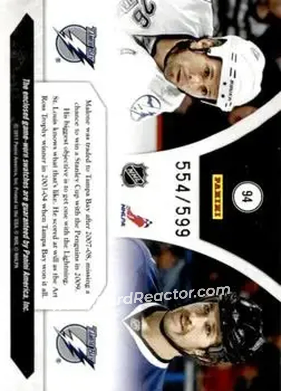 2010-11 Panini Luxury Suite #94 - Ryan Malone - Martin St. Louis MEM, SN599 - Tampa Bay Lightning - Tampa Bay Lightning - Back