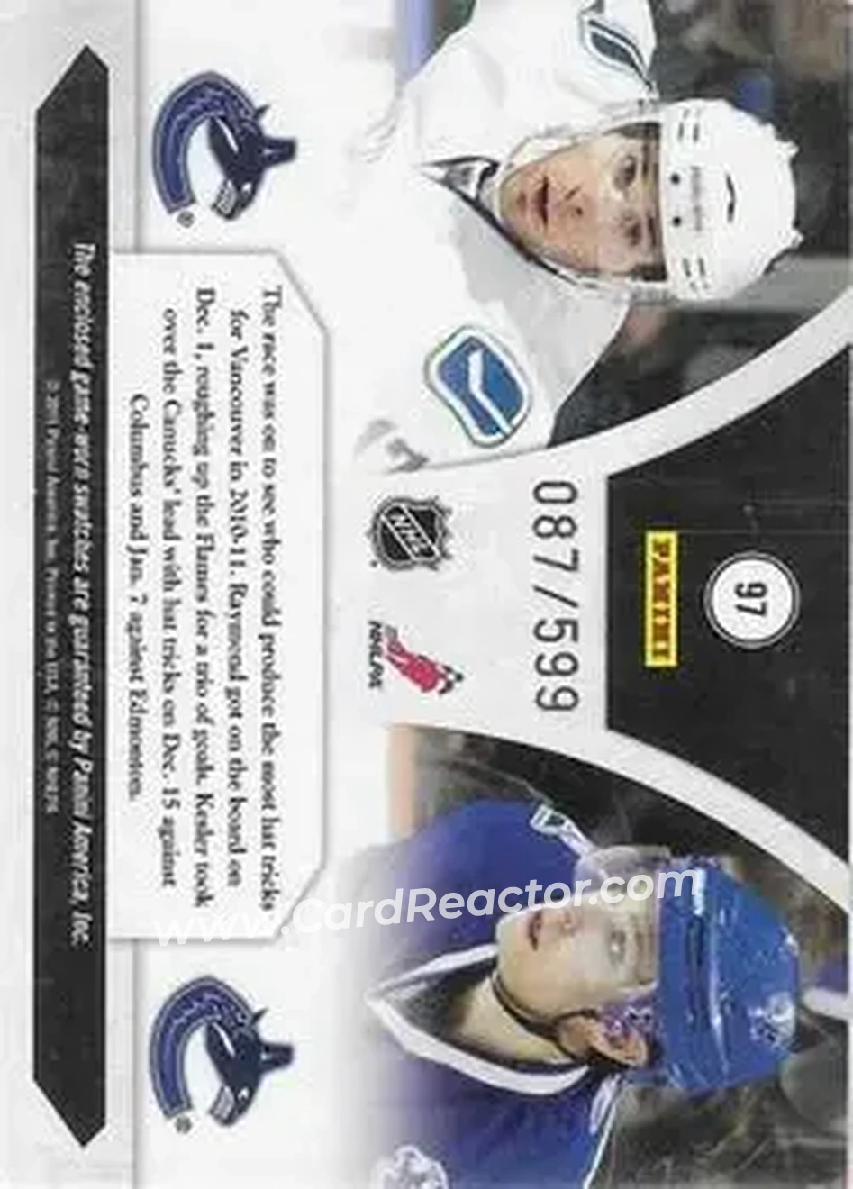 2010-11 Panini Luxury Suite #97 - Mason Raymond - Ryan Kesler MEM, SN599 - Vancouver Canucks - Vancouver Canucks - Back