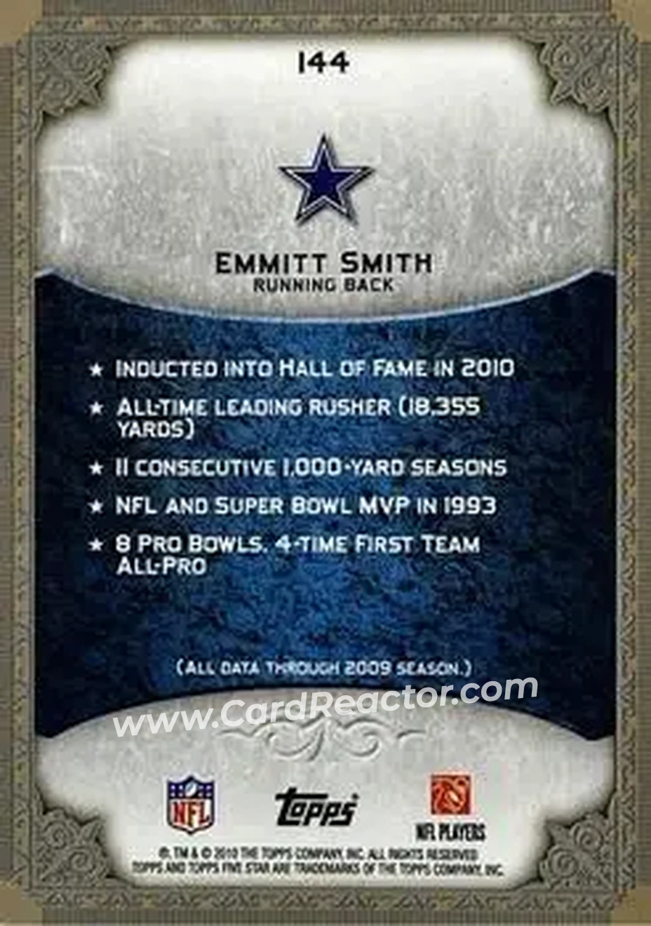 2010 Topps Five Star #144 - Emmitt Smith - Dallas Cowboys - Back