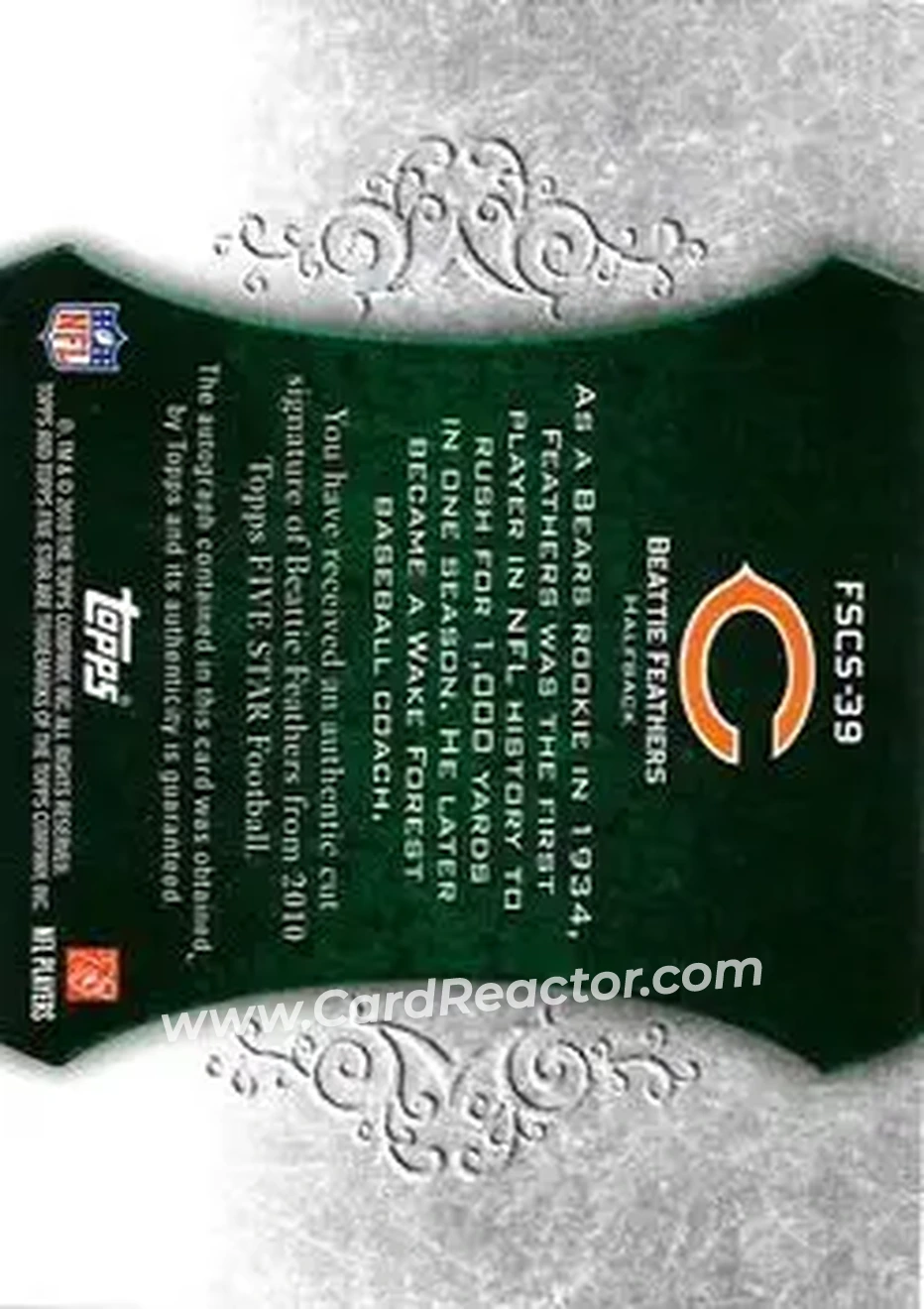 2010 Topps Five Star - Cut Signatures #FSCS-39 - Beattie Feathers - Chicago Bears - Back