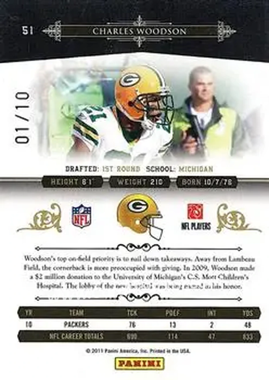 2010 Playoff National Treasures - Century Gold #51 - Charles Woodson - Green Bay Packers - Back 2010 Playoff National Treasures - Century Gold #51 - Charles Woodson - Green Bay Packers - Back