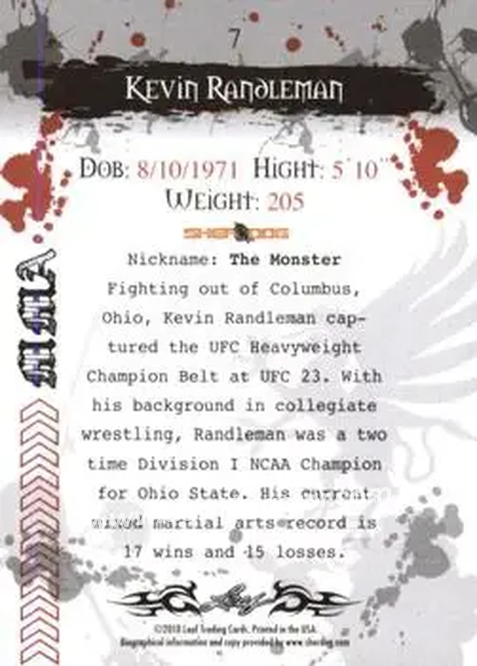 2010 Leaf MMA #7 - Kevin Randleman - Back