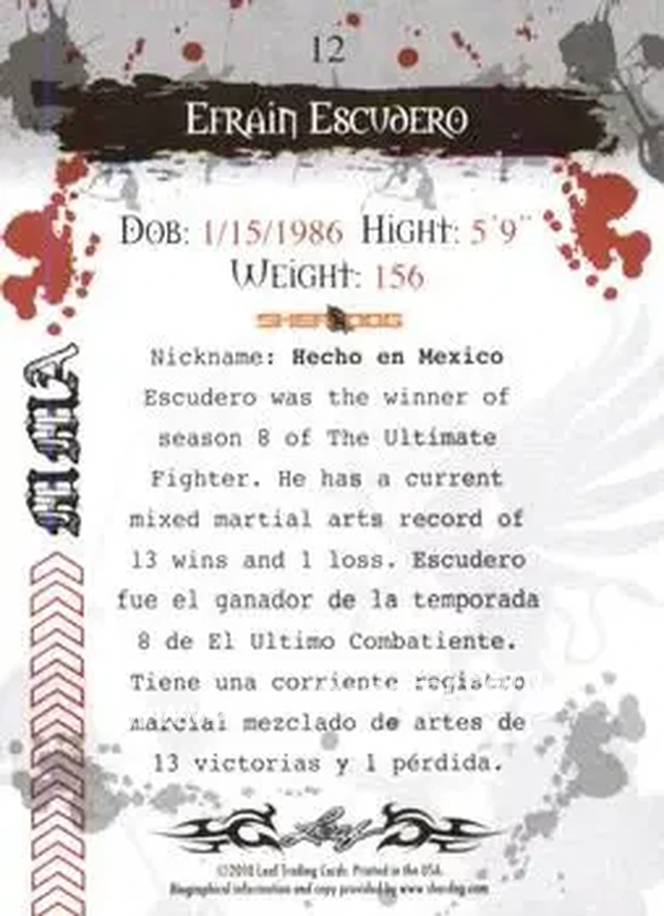 2010 Leaf MMA #12 - Efrain Escudero - Back