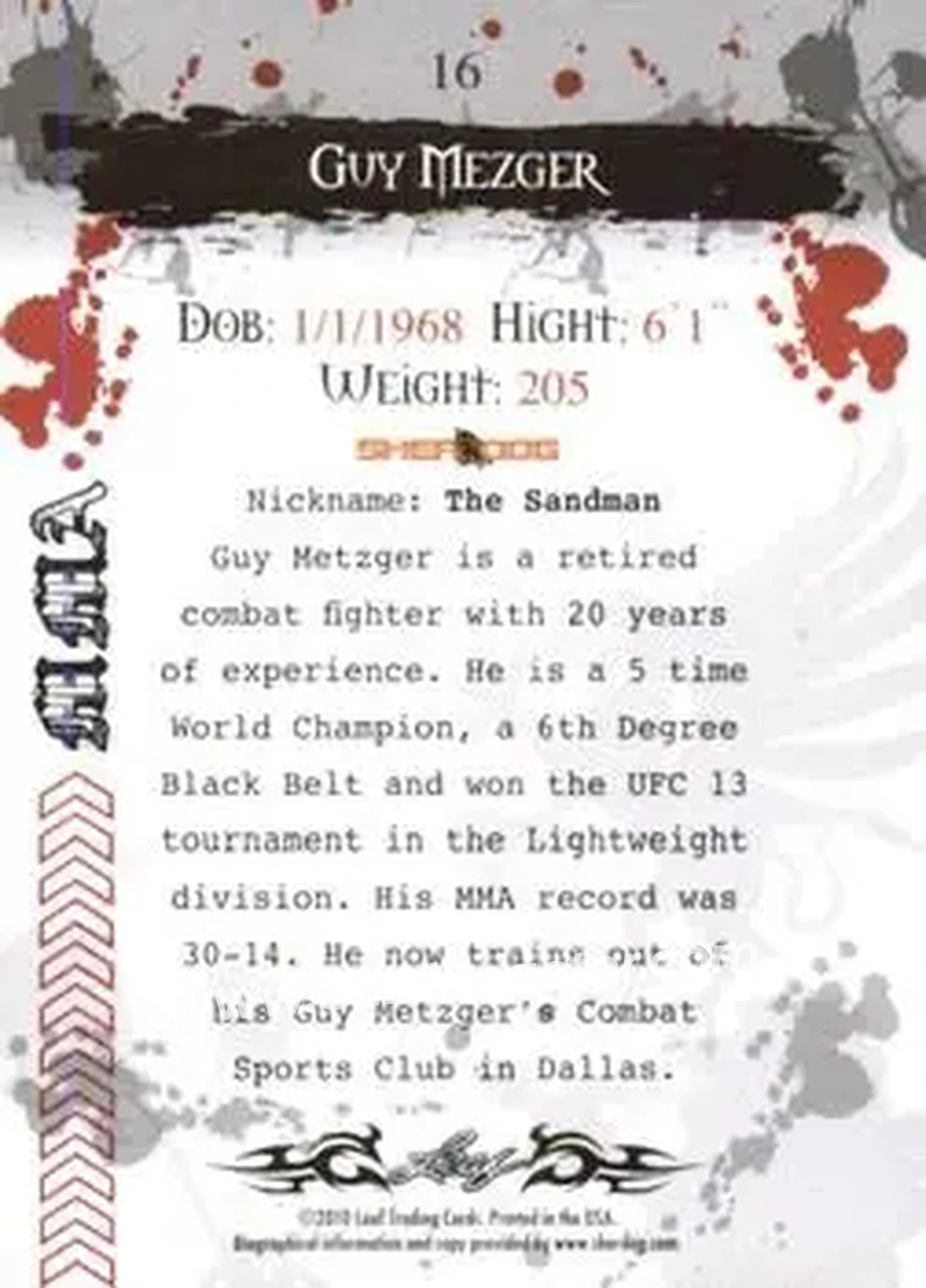 2010 Leaf MMA #16 - Guy Mezger - Back