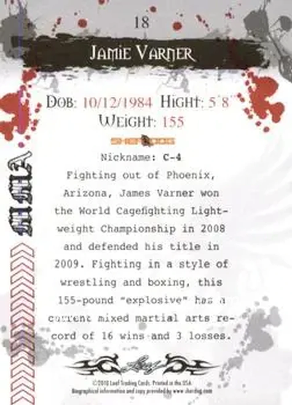 2010 Leaf MMA #18 - Jamie Varner - Back
