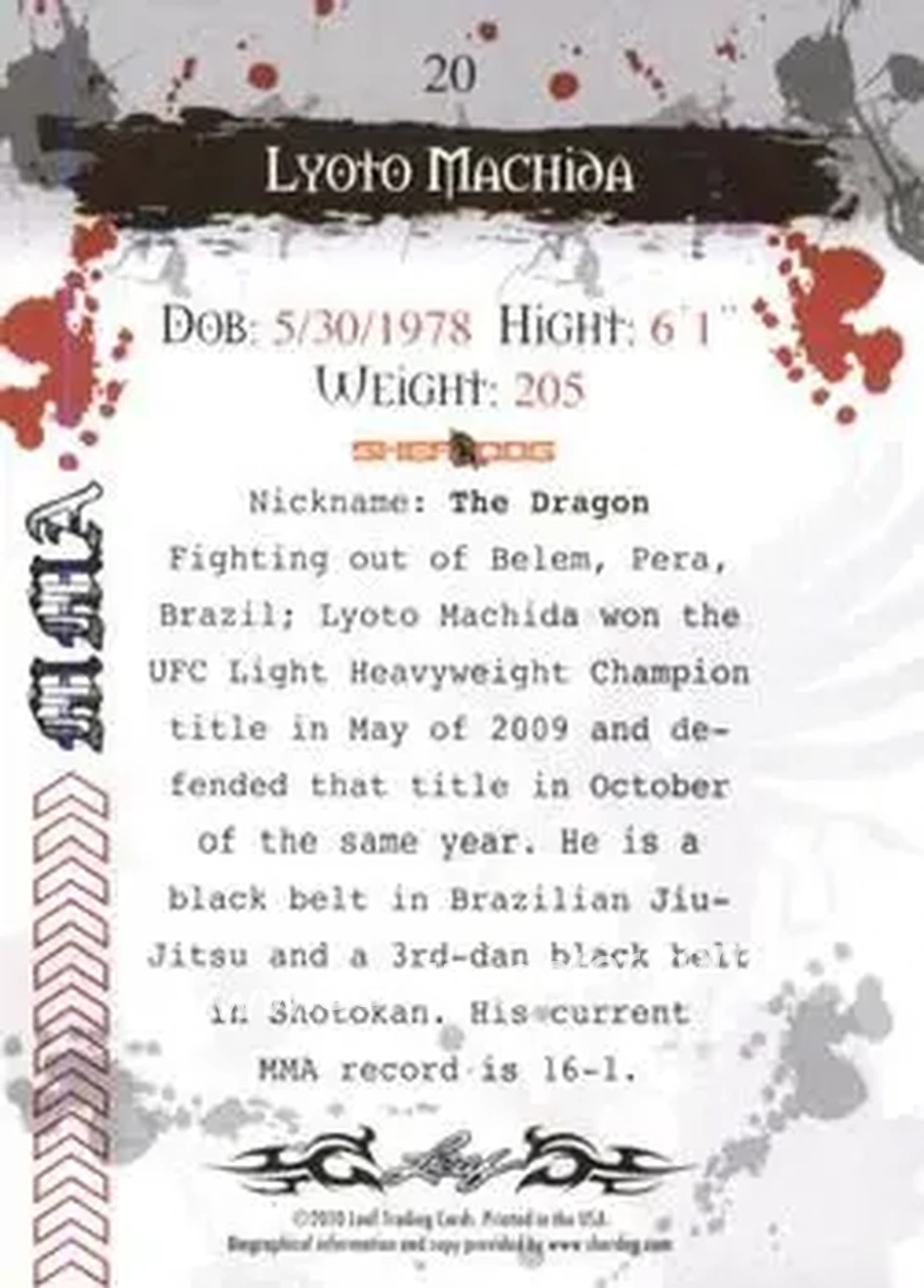 2010 Leaf MMA #20 - Lyoto Machida - Back