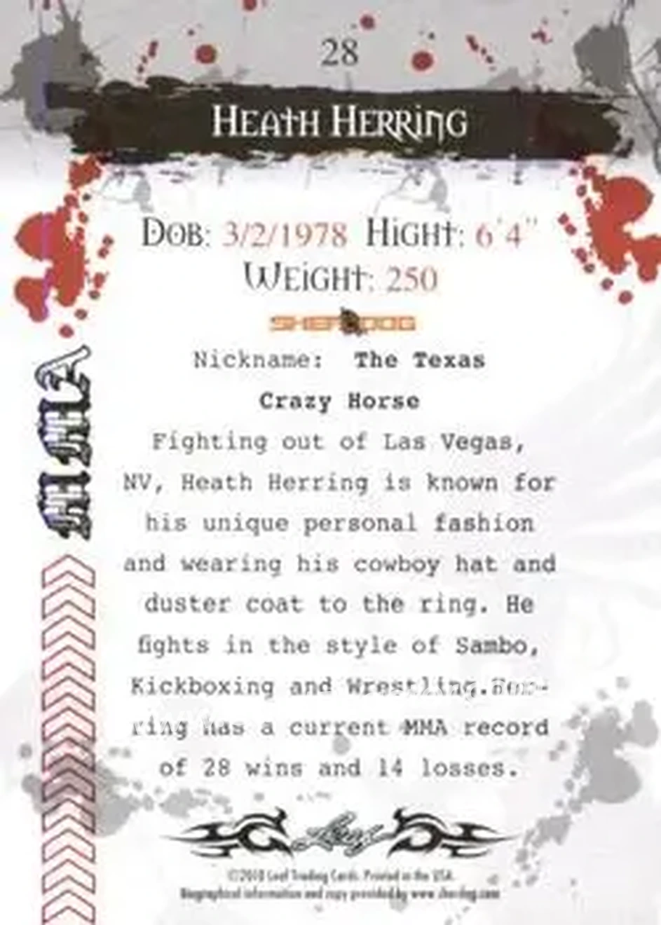 2010 Leaf MMA #28 - Heath Herring - Back
