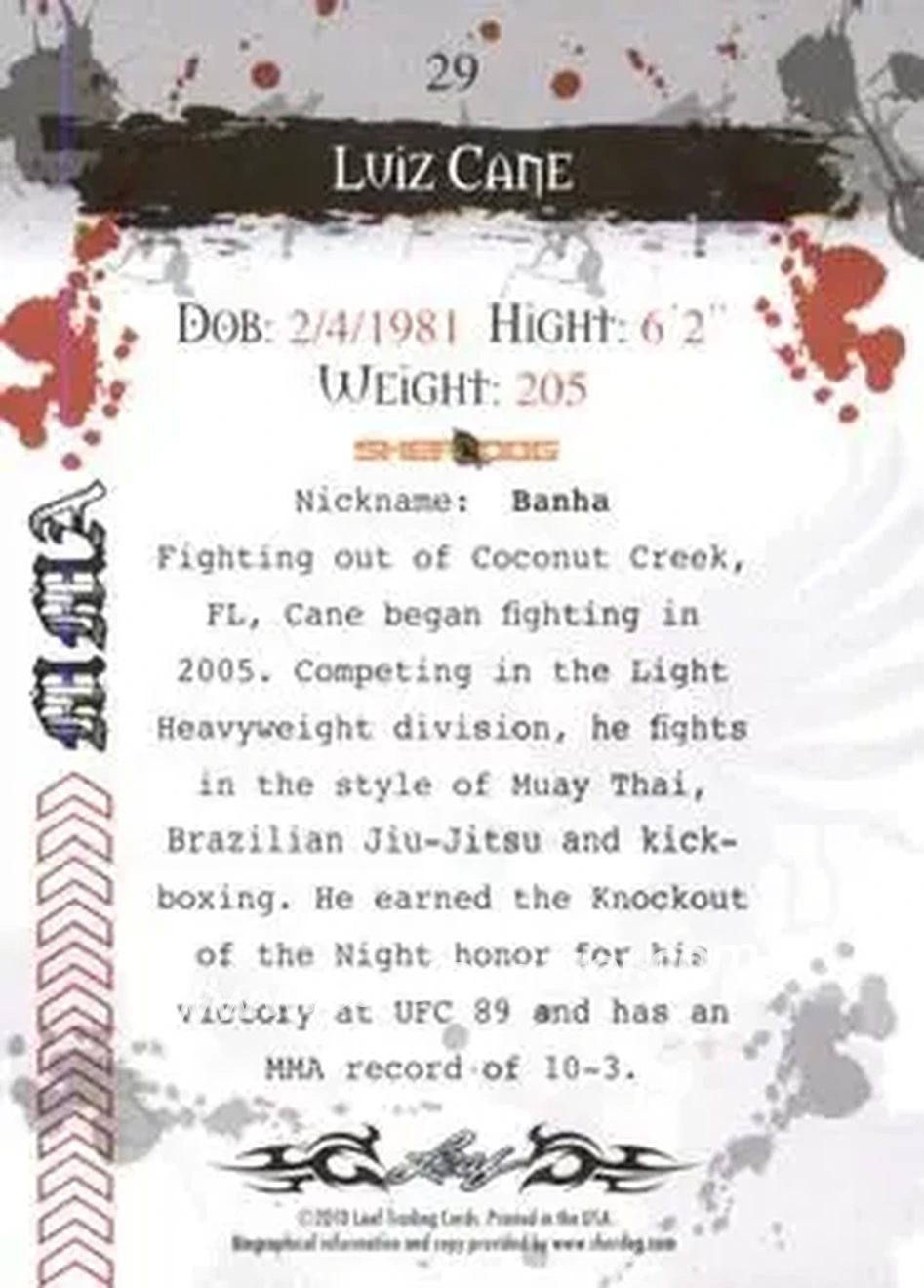 2010 Leaf MMA #29 - Luiz Cane - Back