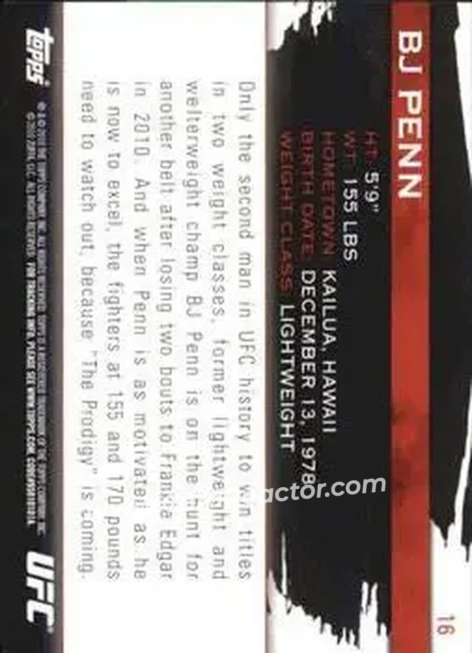 2010 Topps UFC Knockout #16 - BJ Penn - Back