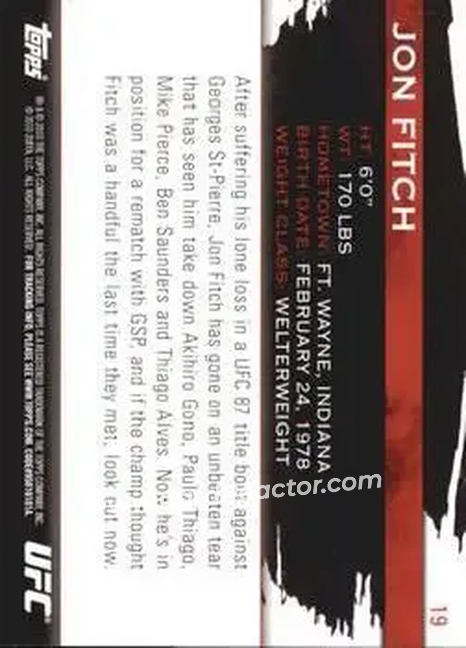 2010 Topps UFC Knockout #19 - Jon Fitch - Back