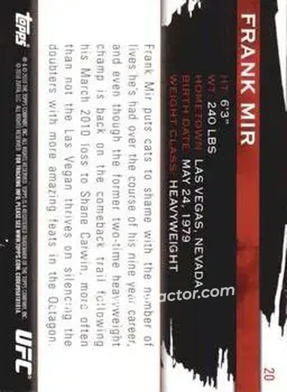2010 Topps UFC Knockout #20 - Frank Mir - Back