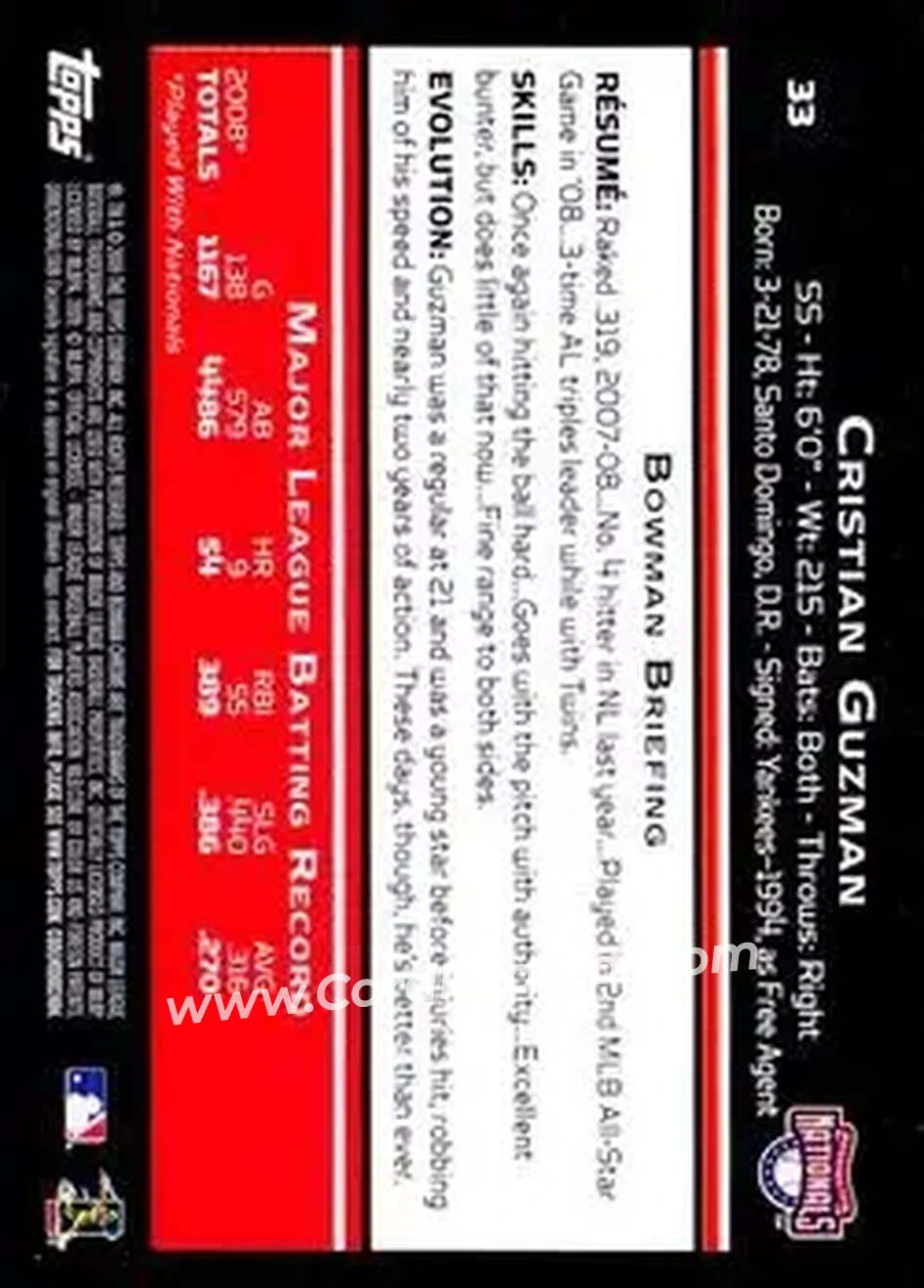 2009 Bowman Chrome #33 - Cristian Guzman - Washington Nationals - Back