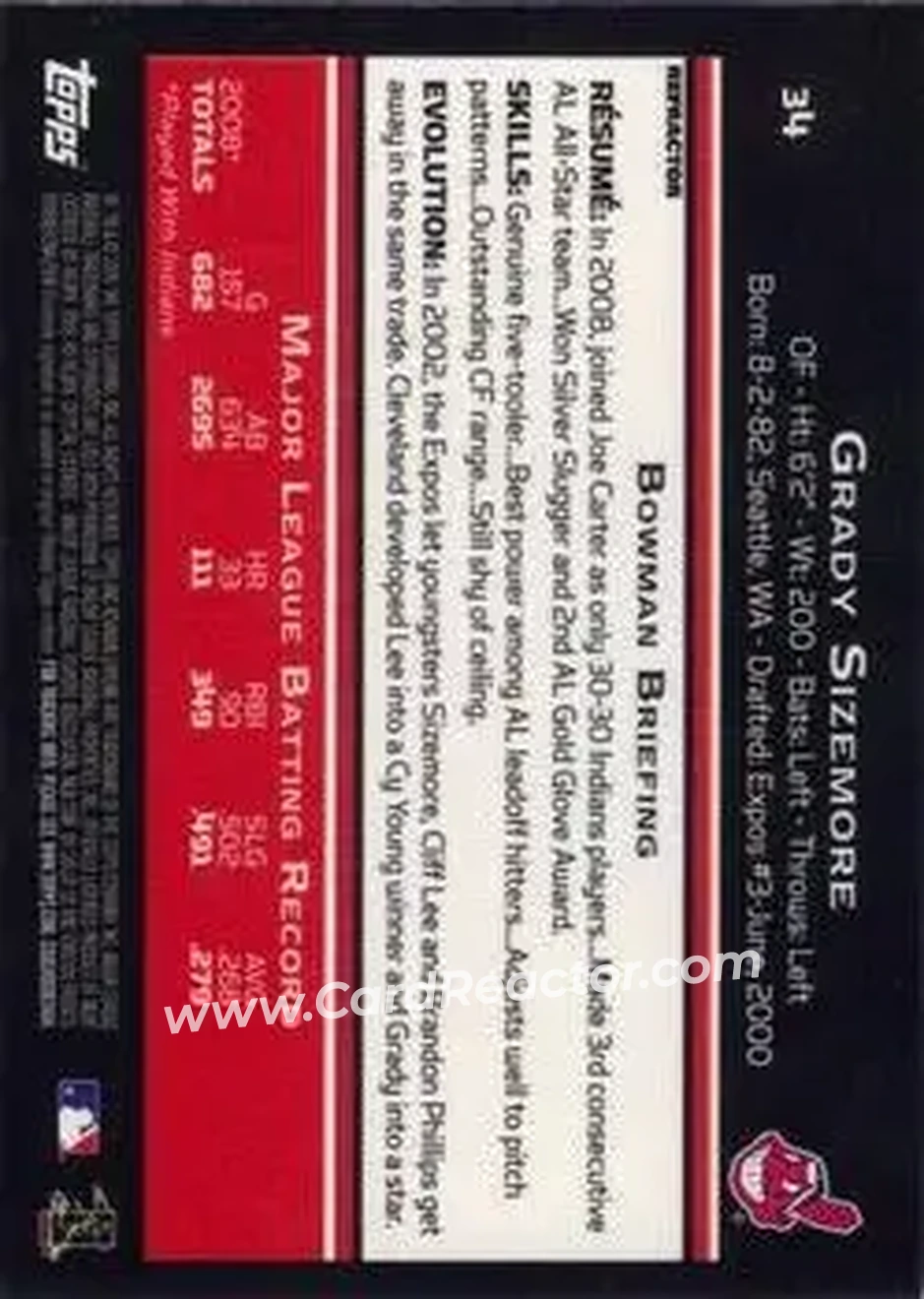 2009 Bowman Chrome #34 - Grady Sizemore - Cleveland Indians - Back