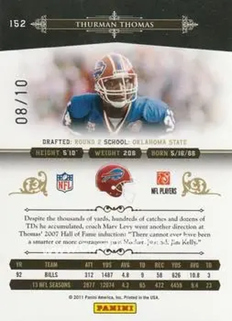 2010 Playoff National Treasures - Century Gold #152 - Thurman Thomas - Buffalo Bills - Back 2010 Playoff National Treasures - Century Gold #152 - Thurman Thomas - Buffalo Bills - Back