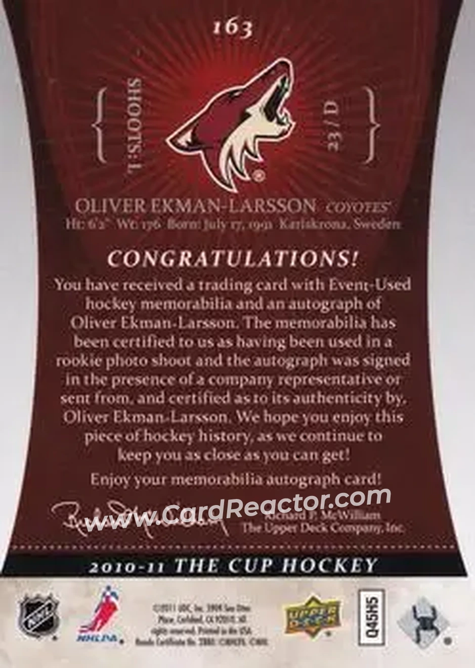 2010-11 Upper Deck The Cup #163 - Oliver Ekman-Larsson - Phoenix Coyotes - Back 2010-11 Upper Deck The Cup #163 - Oliver Ekman-Larsson - Phoenix Coyotes - Back