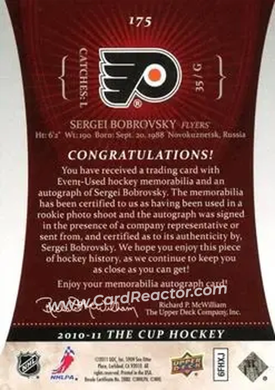2010-11 Upper Deck The Cup #175 - Sergei Bobrovsky - Philadelphia Flyers - Back 2010-11 Upper Deck The Cup #175 - Sergei Bobrovsky - Philadelphia Flyers - Back