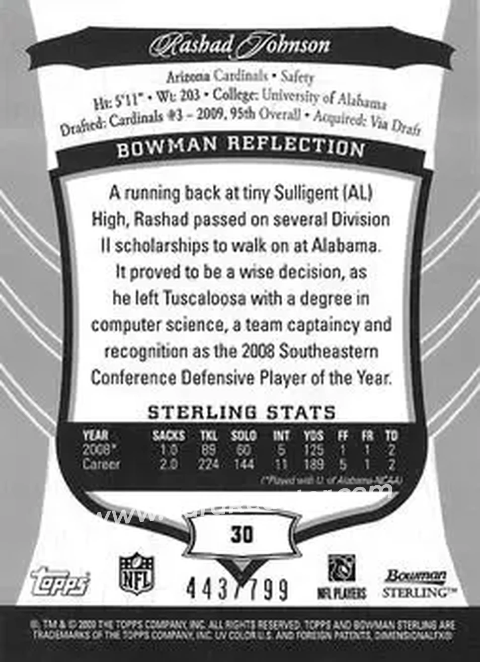 2009 Bowman Sterling #30 - Rashad Johnson - Arizona Cardinals - Back
