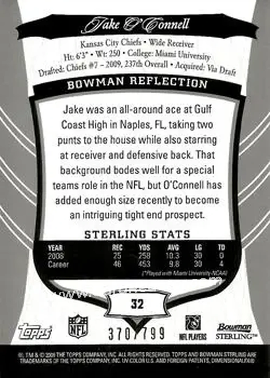 2009 Bowman Sterling #32 - Jake O'Connell - Kansas City Chiefs - Back