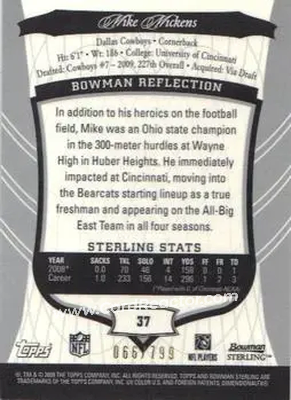2009 Bowman Sterling #37 - Mike Mickens - Dallas Cowboys - Back