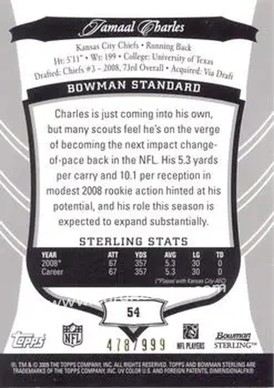 2009 Bowman Sterling #54 - Jamaal Charles - Kansas City Chiefs - Back