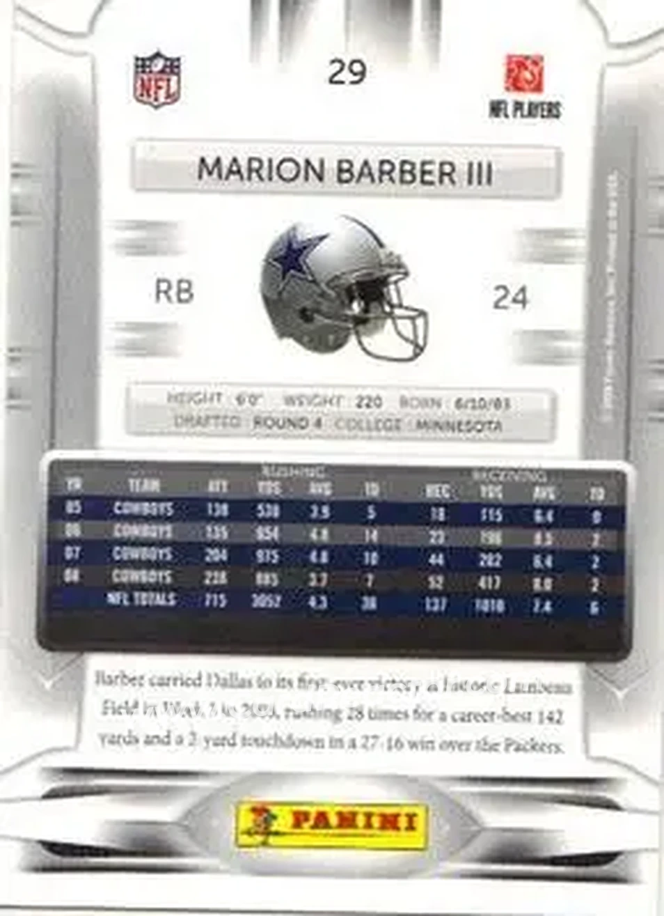 2009 Playoff Prestige #29 - Marion Barber - Dallas Cowboys - Back