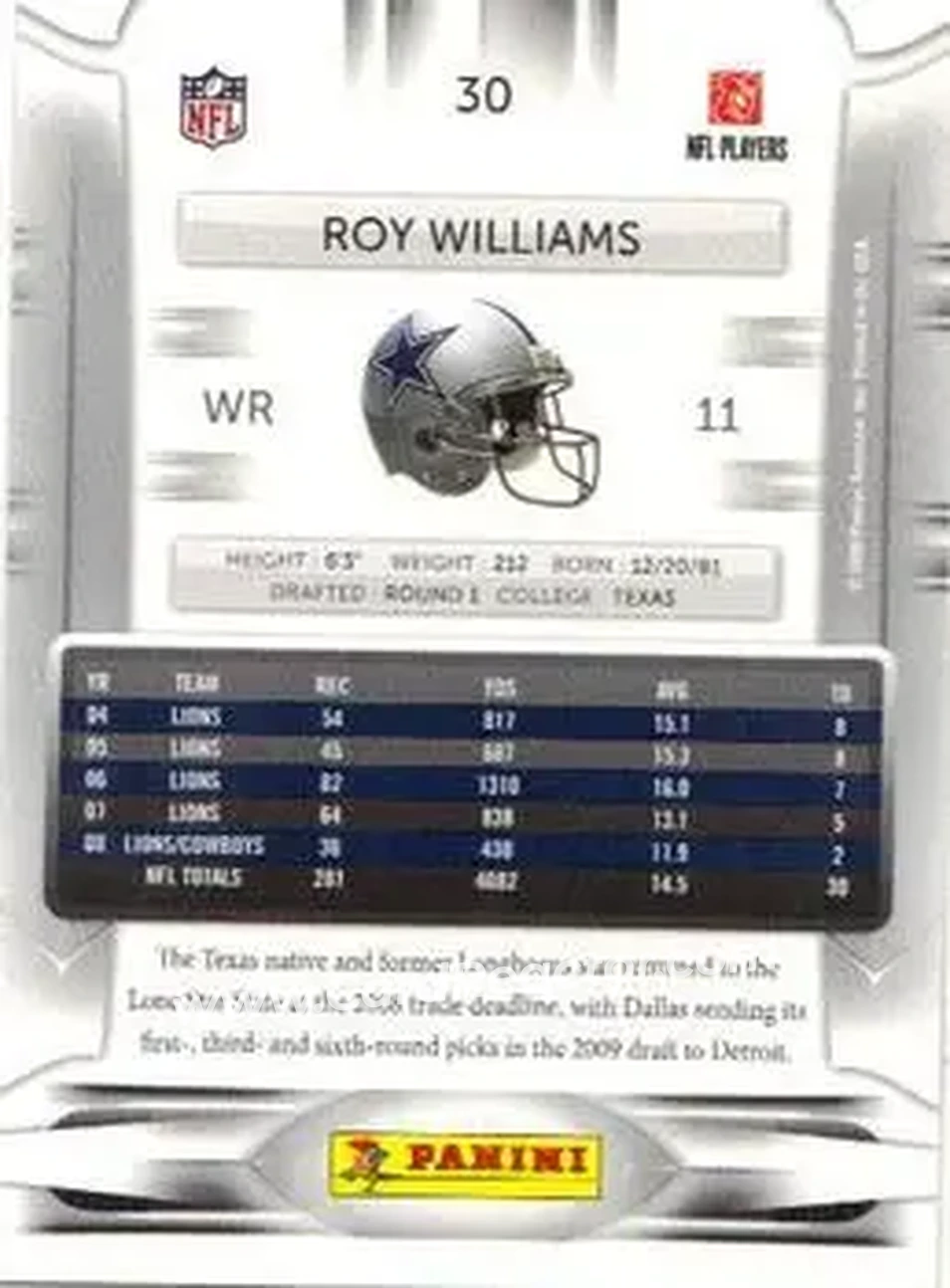 2009 Playoff Prestige #30 - Roy Williams - Dallas Cowboys - Back 2009 Playoff Prestige #30 - Roy Williams - Dallas Cowboys - Back