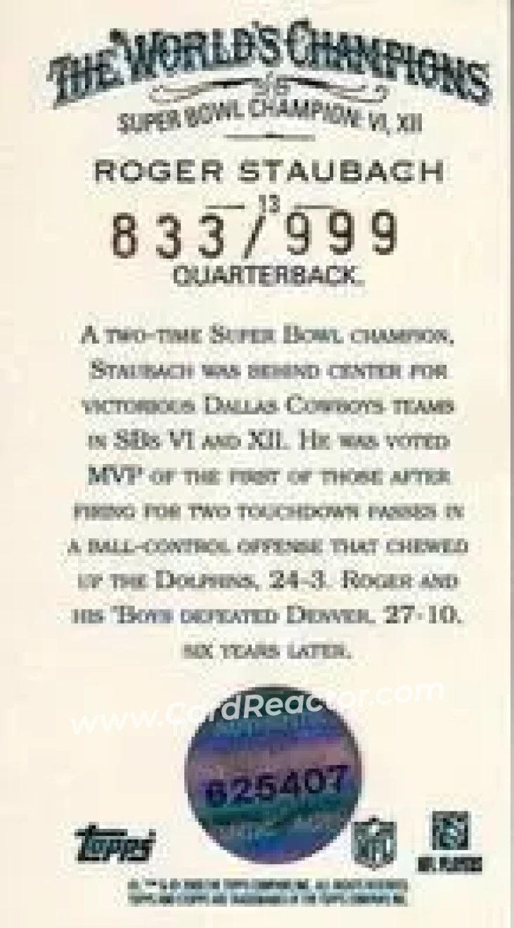 2009 Topps eTopps Allen & Ginter's Super Bowl Champions #13 - Roger Staubach - Dallas Cowboys - Back
