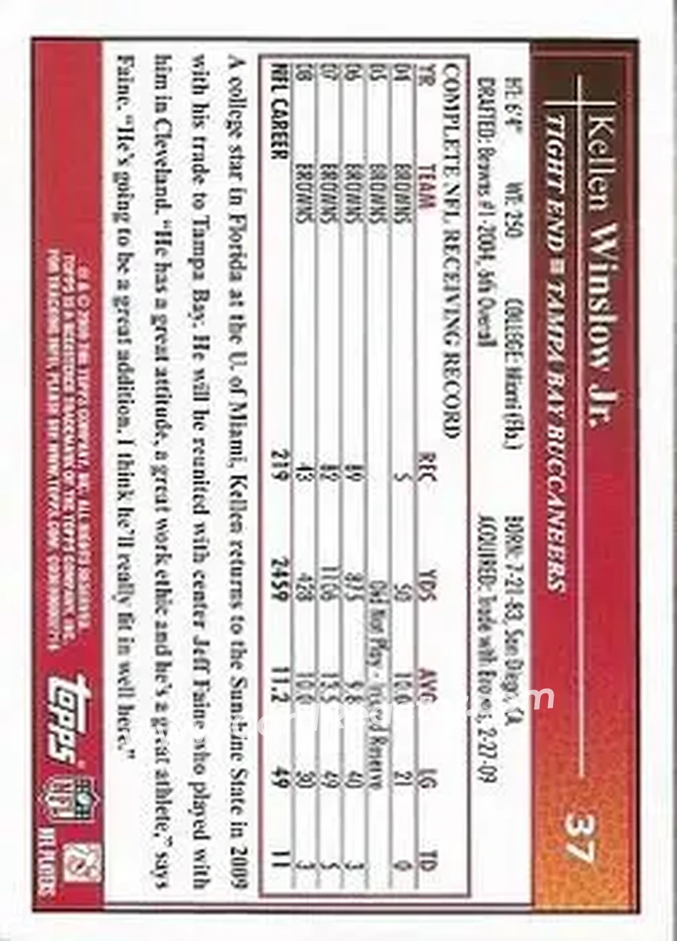 2009 Topps Kickoff #37 - Kellen Winslow Jr. - Tampa Bay Buccaneers - Back