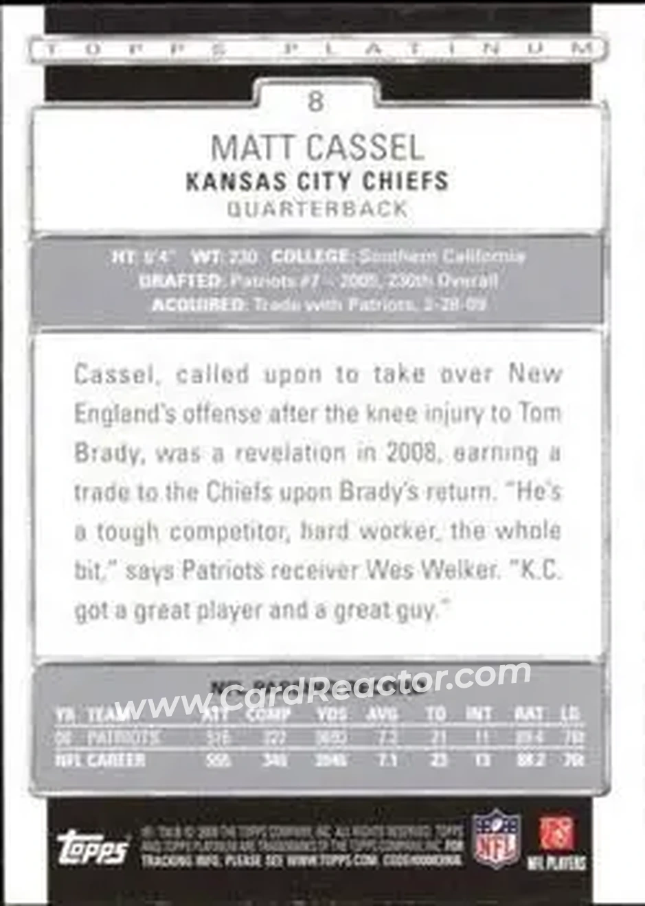 2009 Topps Platinum #8 - Matt Cassel - Kansas City Chiefs - Back