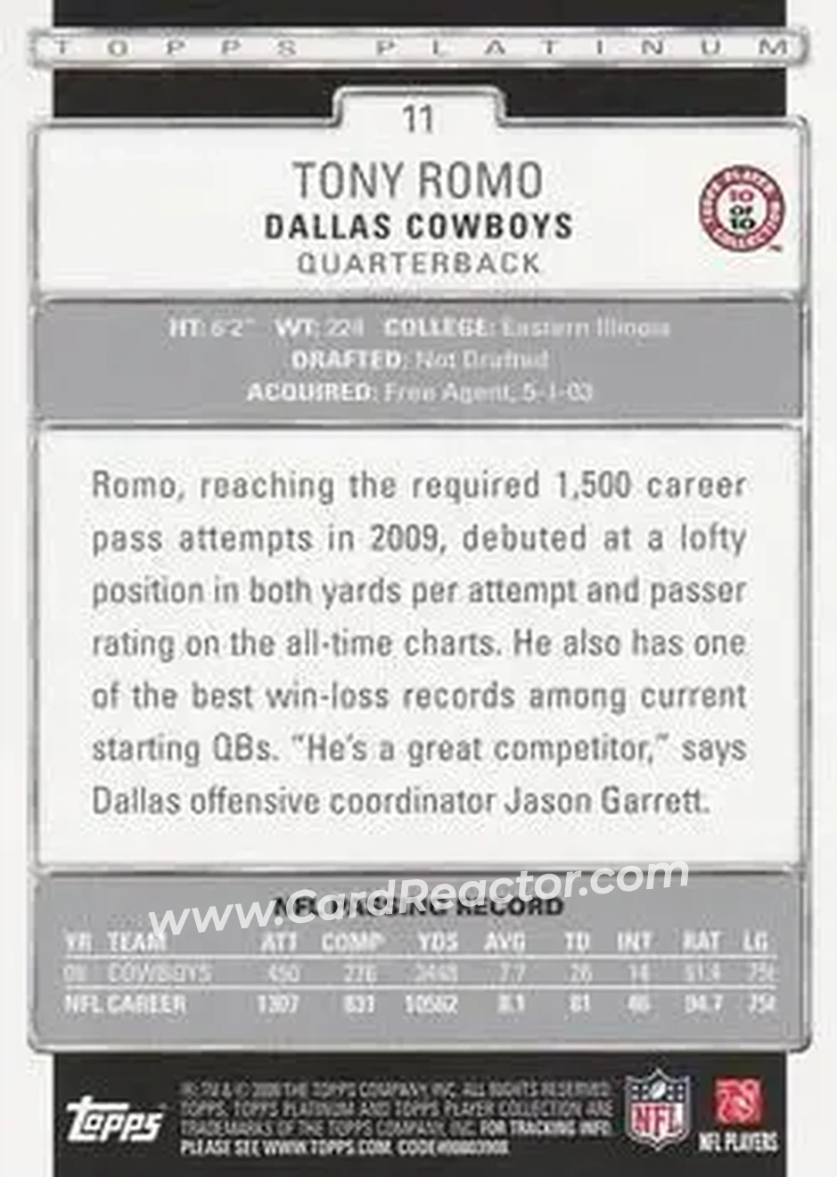 2009 Topps Platinum #11 - Tony Romo - Dallas Cowboys - Back 2009 Topps Platinum #11 - Tony Romo - Dallas Cowboys - Back