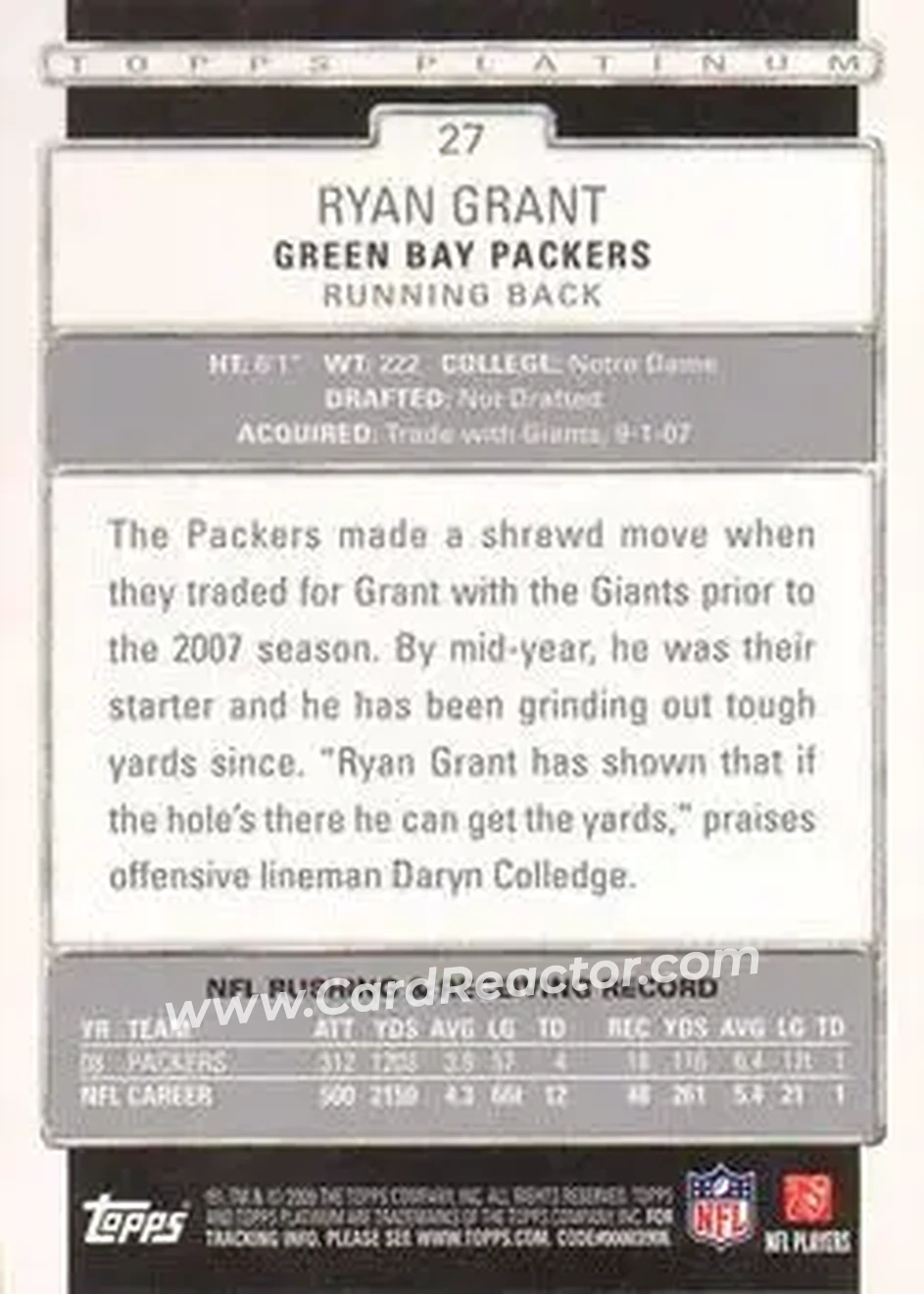 2009 Topps Platinum #27 - Ryan Grant - Green Bay Packers - Back 2009 Topps Platinum #27 - Ryan Grant - Green Bay Packers - Back