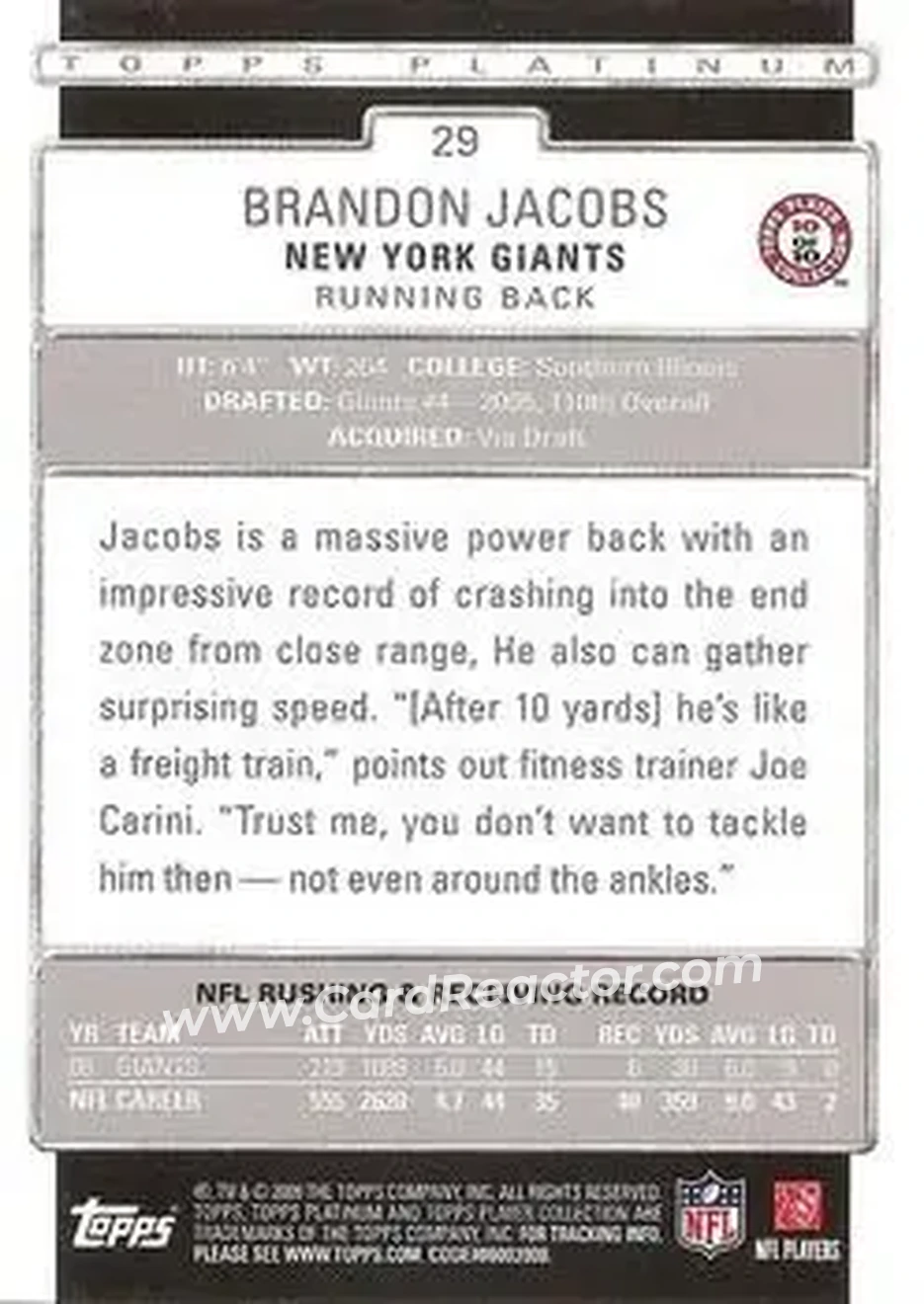 2009 Topps Platinum #29 - Brandon Jacobs - New York Giants - Back