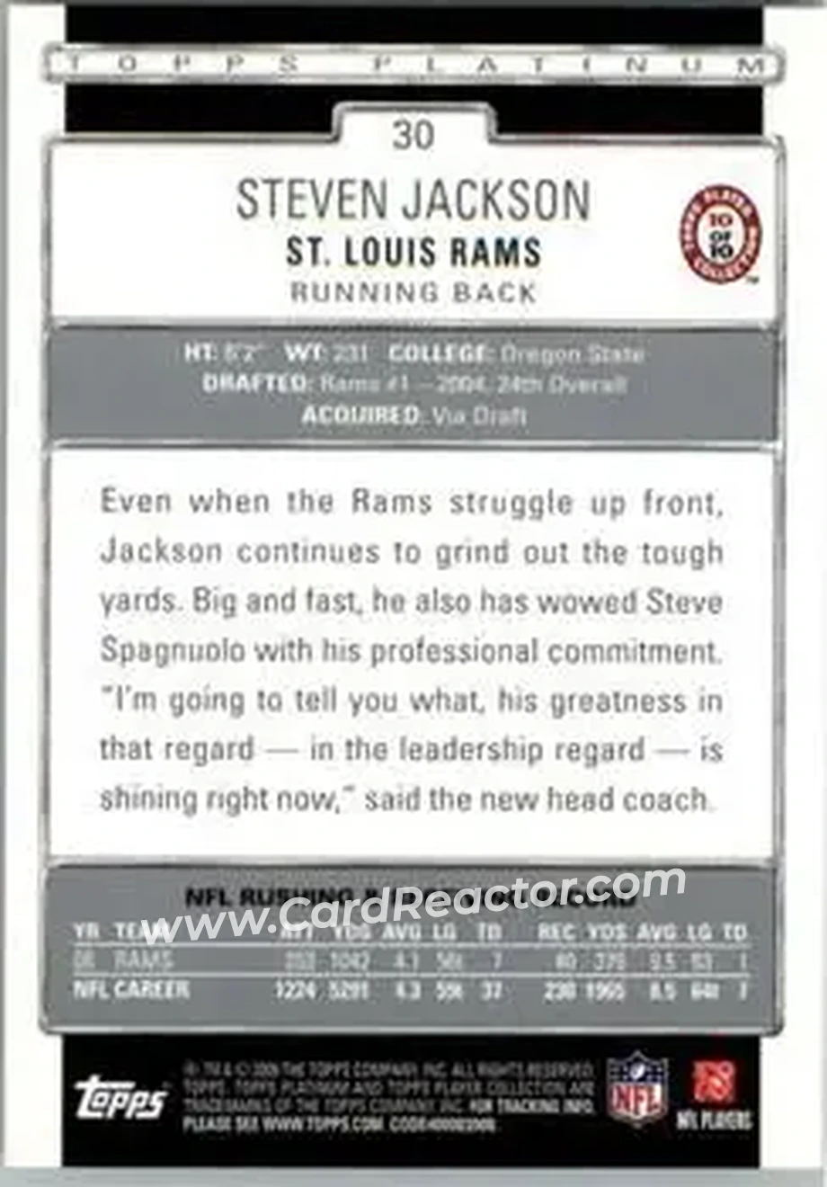 2009 Topps Platinum #30 - Steven Jackson - St. Louis Rams - Back