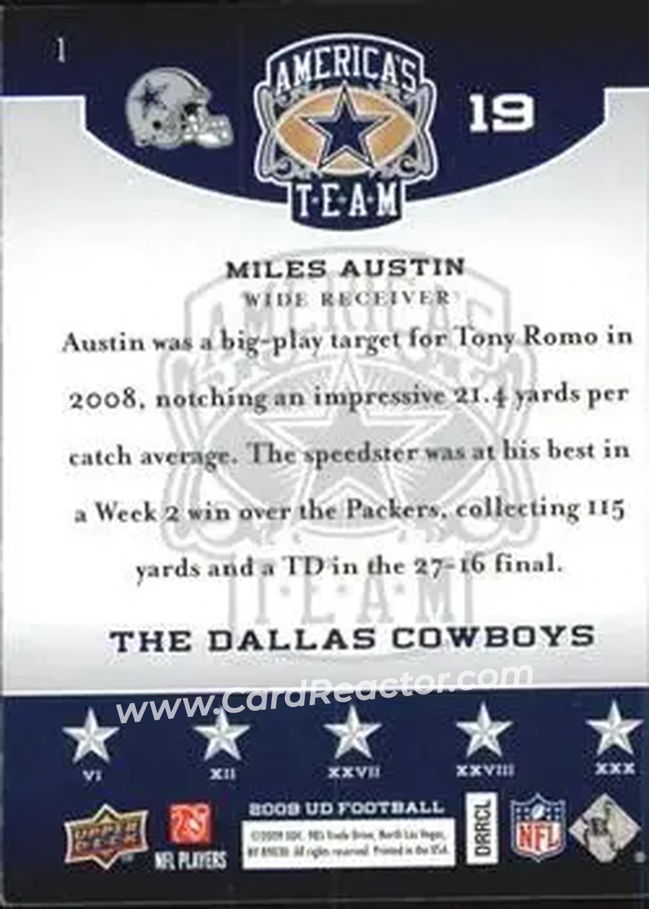 2009 Upper Deck America's Team #1 - Miles Austin - Dallas Cowboys - Back 2009 Upper Deck America's Team #1 - Miles Austin - Dallas Cowboys - Back