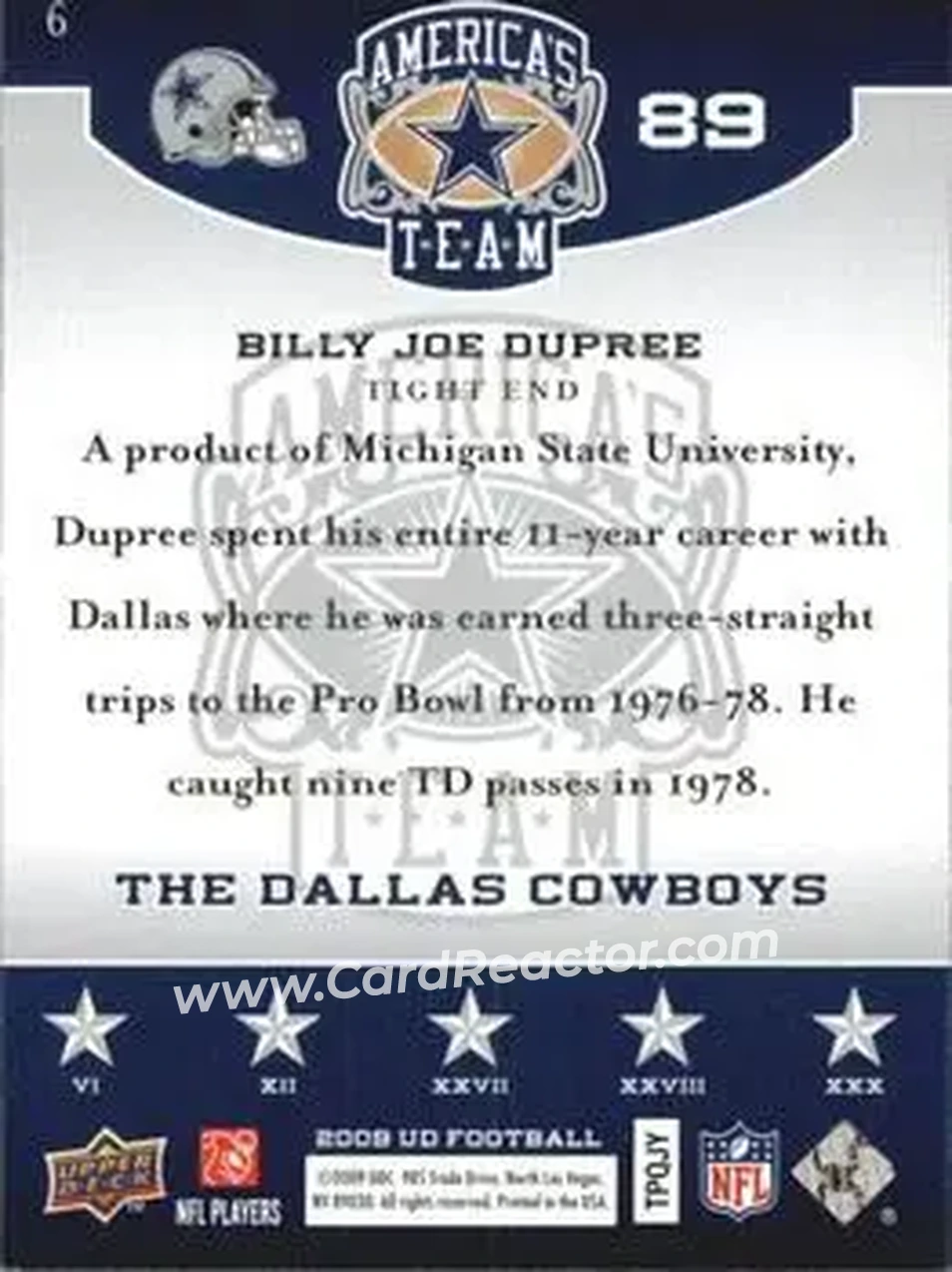 2009 Upper Deck America's Team #6 - Billy Joe DuPree - Dallas Cowboys - Back