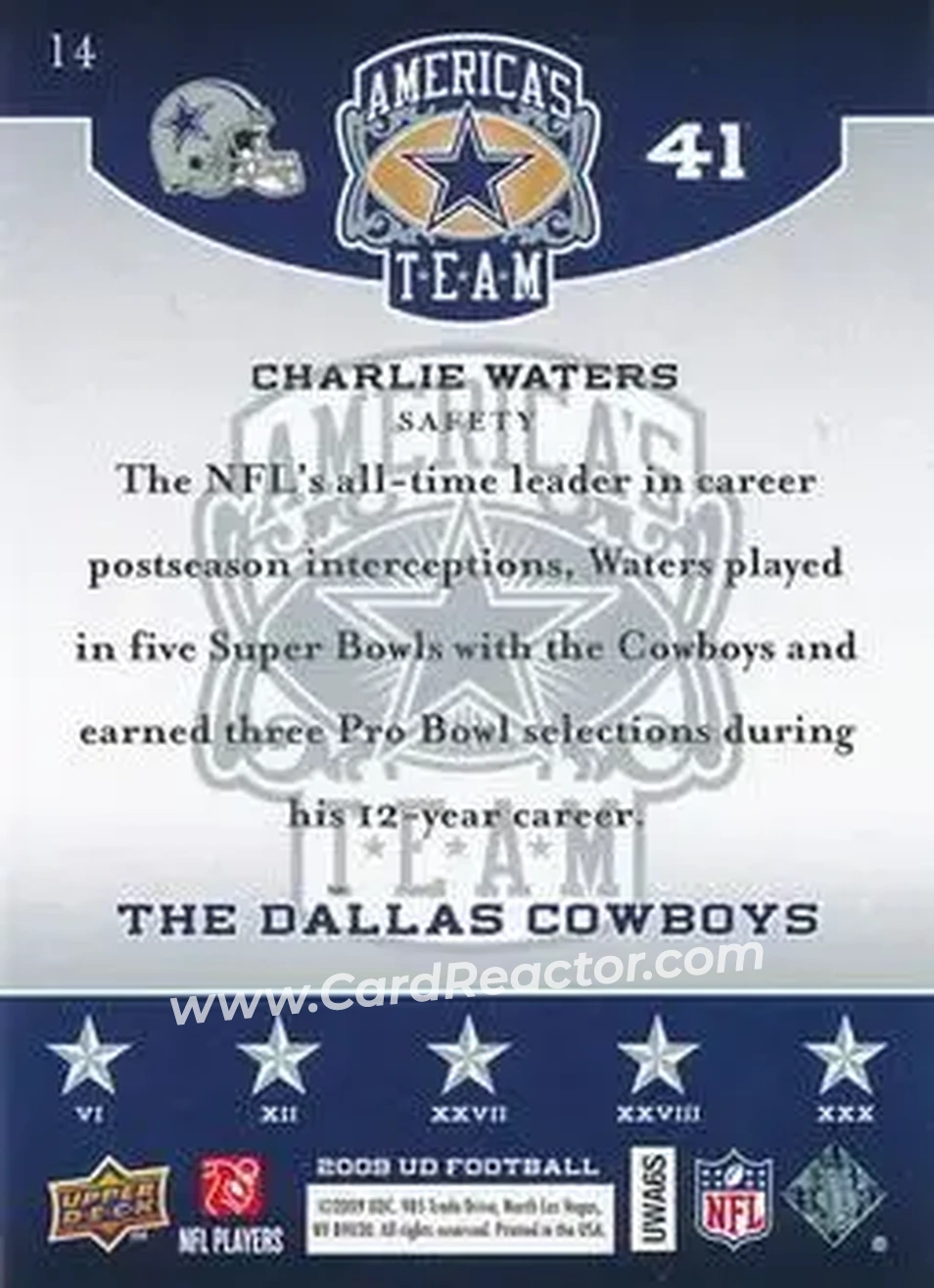 2009 Upper Deck America's Team #14 - Charlie Waters - Dallas Cowboys - Back