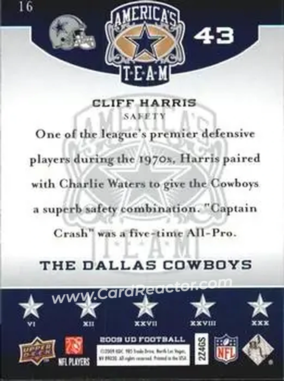 2009 Upper Deck America's Team #16 - Cliff Harris - Dallas Cowboys - Back