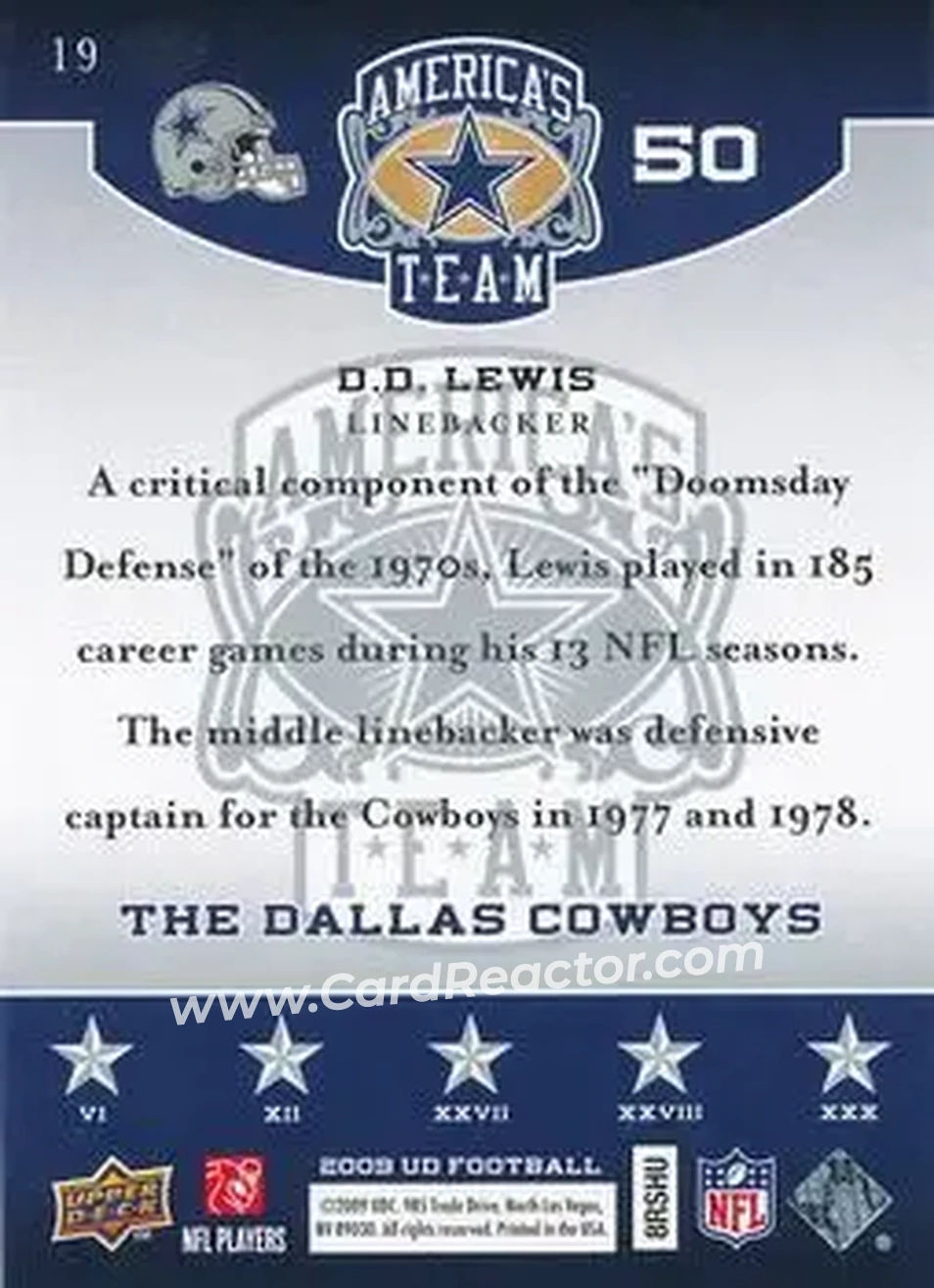 2009 Upper Deck America's Team #19 - D.D. Lewis - Dallas Cowboys - Back
