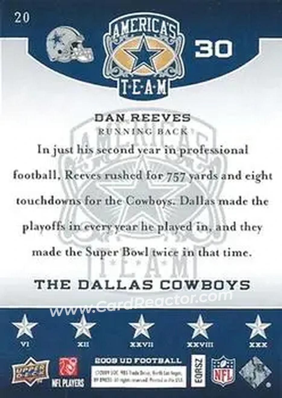 2009 Upper Deck America's Team #20 - Dan Reeves - Dallas Cowboys - Back