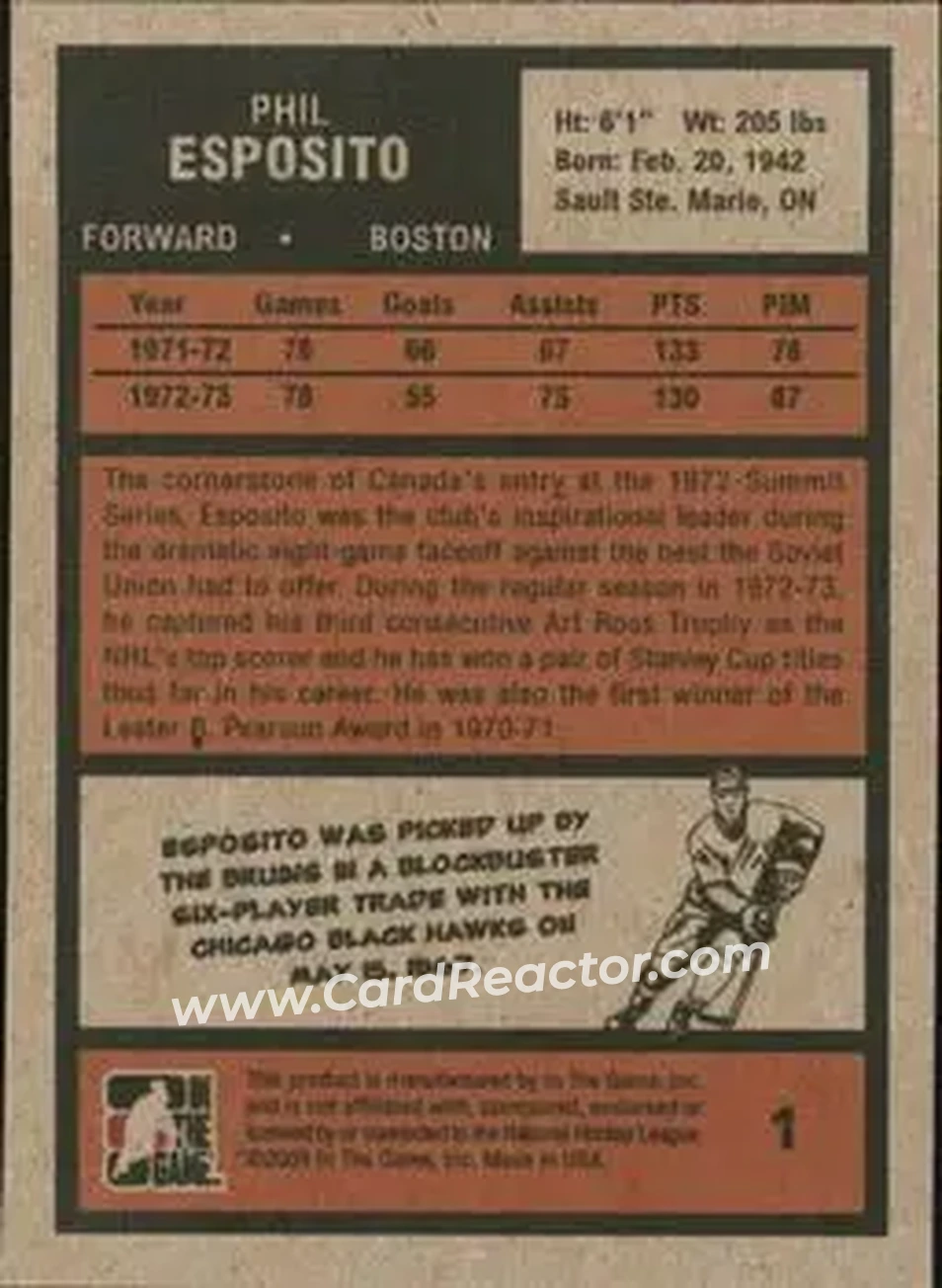 2009-10 In The Game 1972 The Year In Hockey #1 - Phil Esposito - Boston Bruins - Back