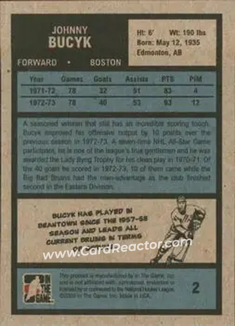 2009-10 In The Game 1972 The Year In Hockey #2 - Johnny Bucyk - Boston Bruins - Back