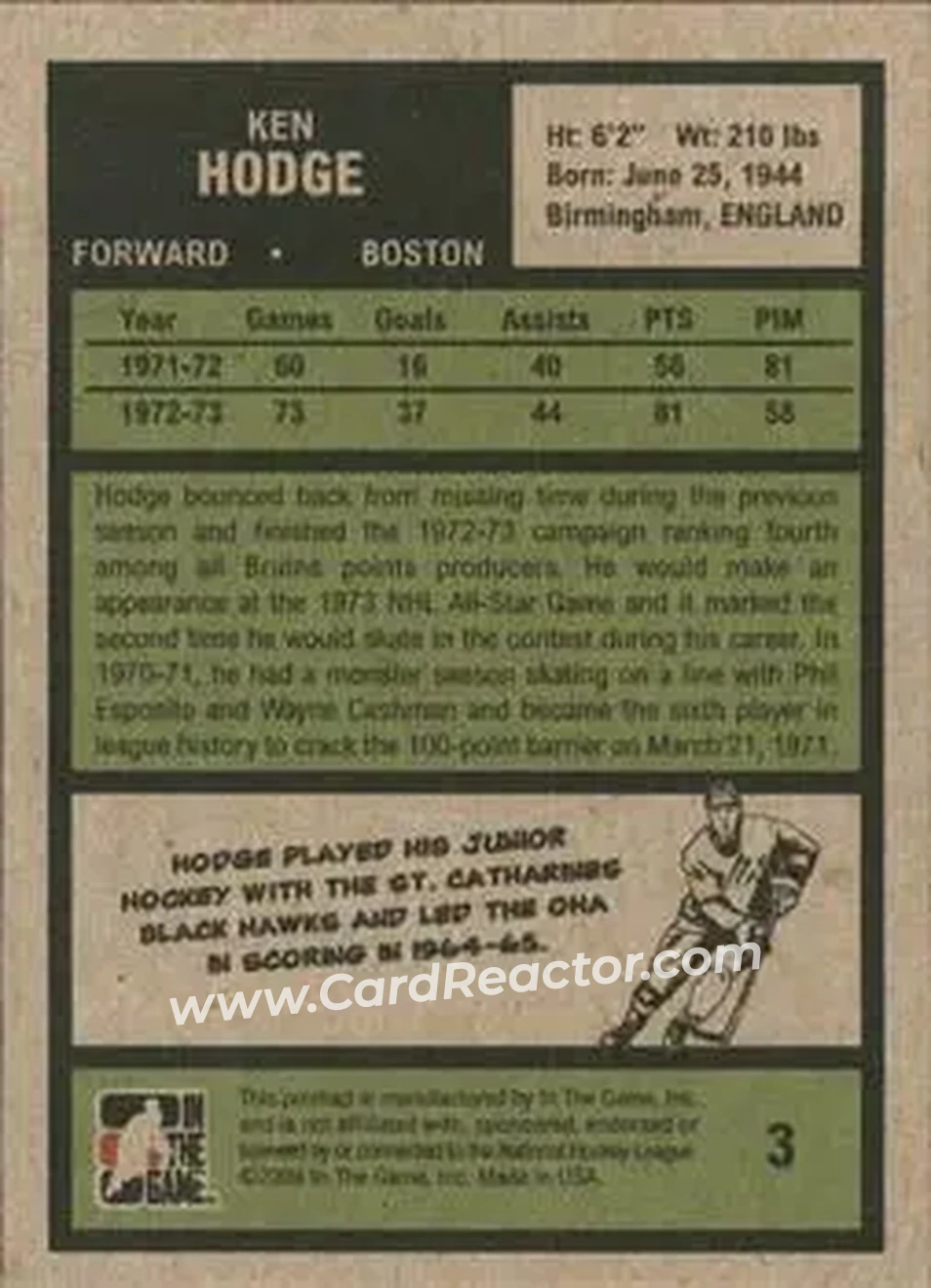 2009-10 In The Game 1972 The Year In Hockey #3 - Kenny Hodge - Boston Bruins - Back